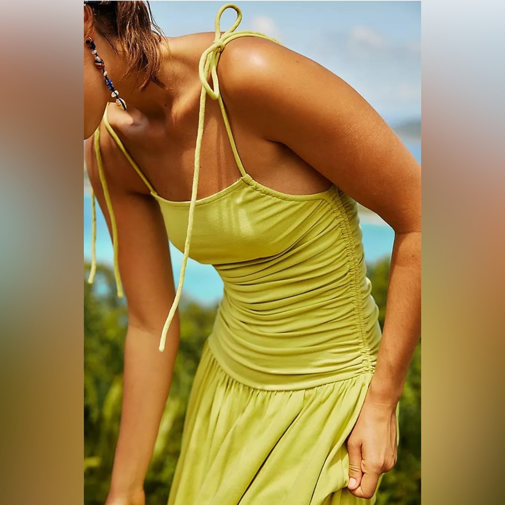 Free People FP Beach Free Est Liza Drop-Waist Midi Dress Ruched Bubble - Picture 2 of 5